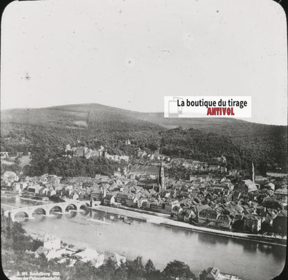 Heidelberg, Allemagne, Neckar, photo ancienne plaque verre, positif 8,5x10 cm