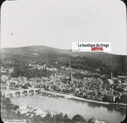Heidelberg, Allemagne, Neckar, photo ancienne plaque verre, positif 8,5x10 cm