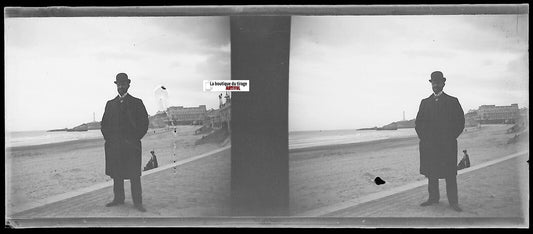 Biarritz, plage, Plaque verre photo stéréo, négatif noir & blanc 4,5x10,7 cm