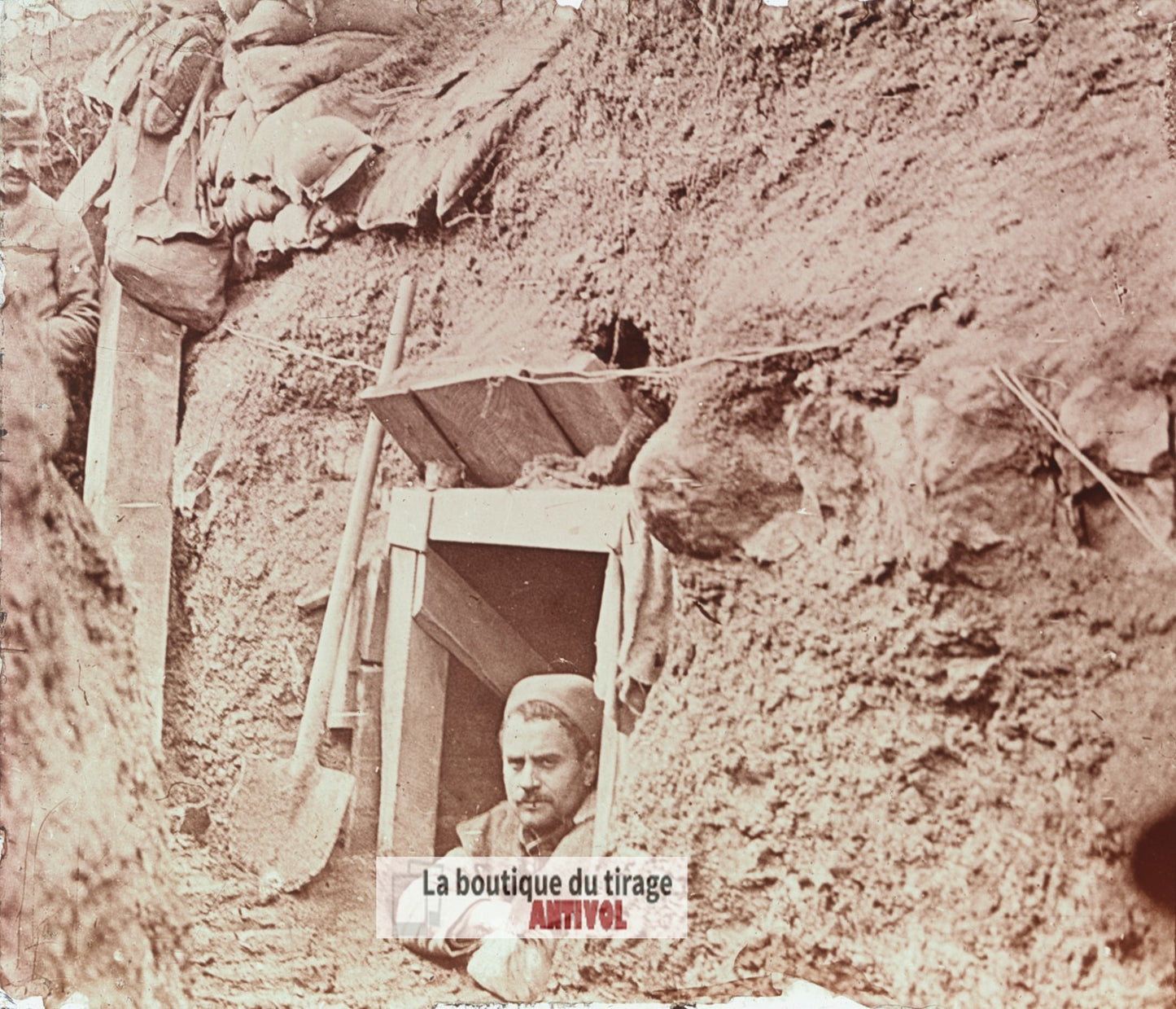 Abri de tranchée en Argonne, guerre WW1, plaque verre stéréo, photo 4,5x10,7 cm