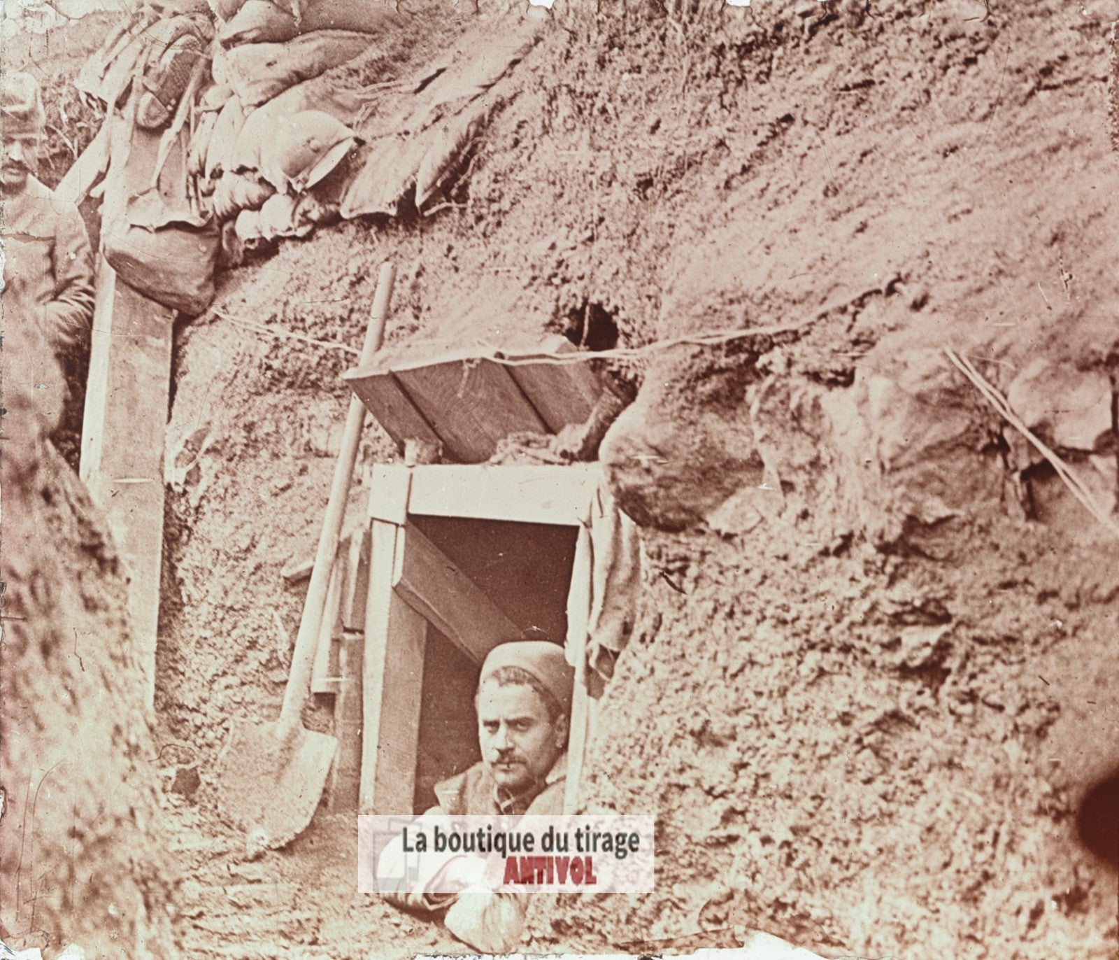 Abri de tranchée en Argonne, guerre WW1, plaque verre stéréo, photo 4,5x10,7 cm