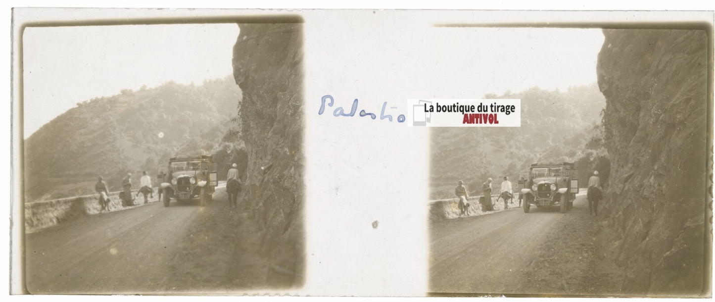 Bus, véhicule, Palestro, Plaque verre stéréo, positif noir & blanc 4,5x10,7 cm