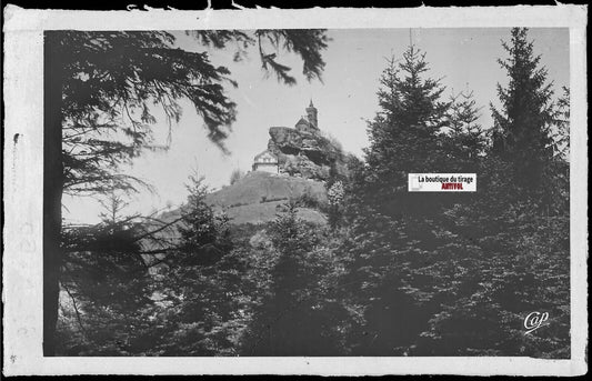 Plaque verre photo, négatif noir & blanc 9x14 cm, Dabo, Chapelle et hôtel, forêt