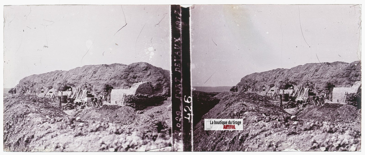 Fort de Vaux, WW1 guerre, plaque verre stéréo, photo ancienne 4,5x10,7 cm