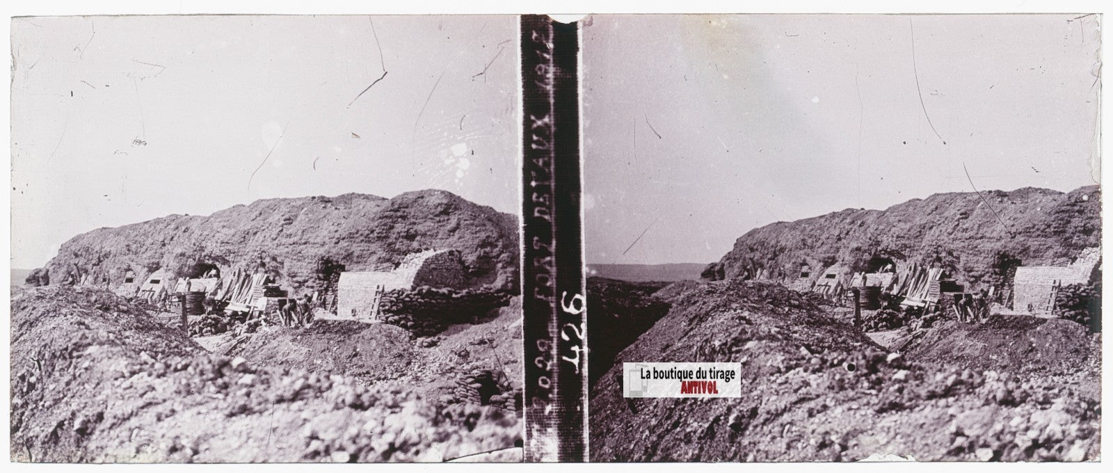 Fort de Vaux, WW1 guerre, plaque verre stéréo, photo ancienne 4,5x10,7 cm