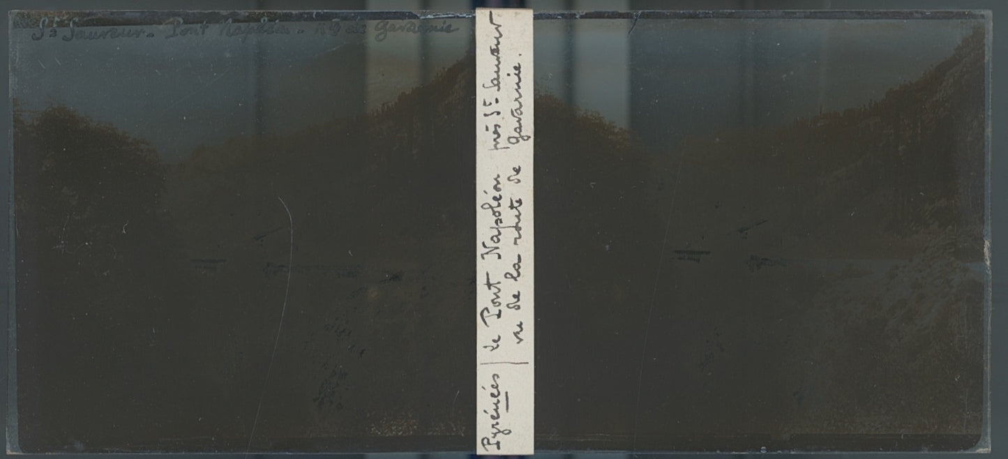 Pont Napoléon, Pyrénées, plaque verre, photo ancienne stéréo, sépia 6x13 cm