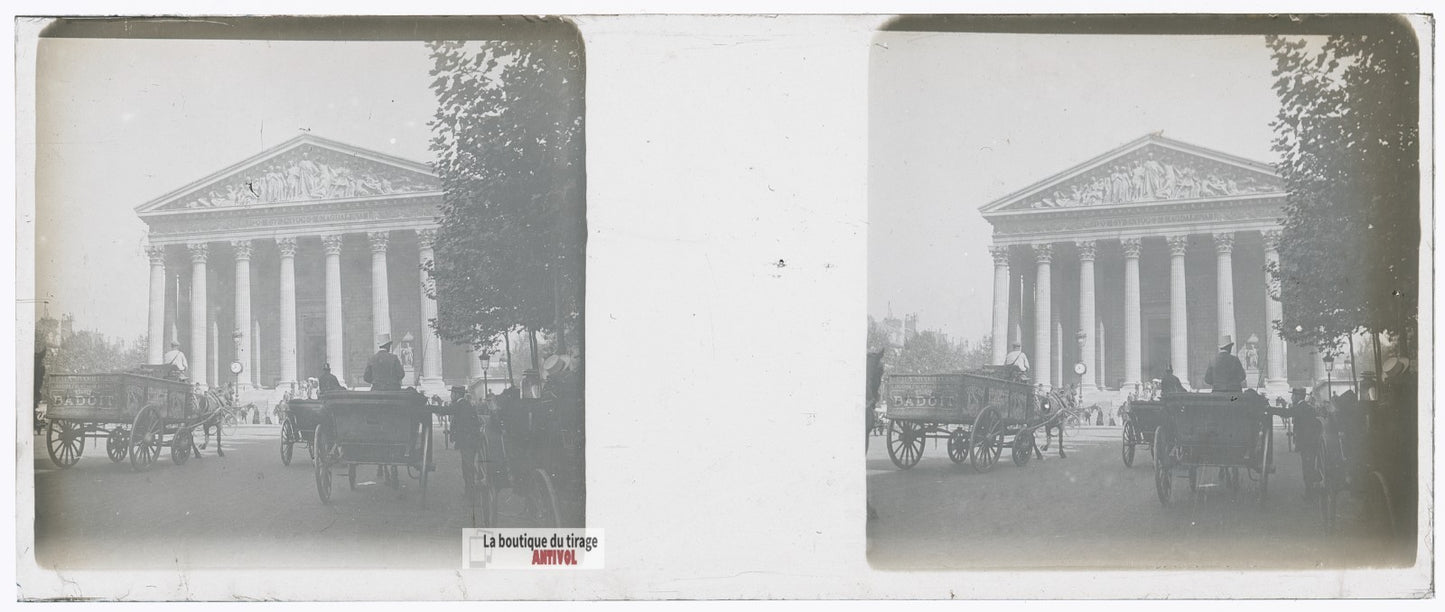 Paris, église de la Madeleine, plaque verre stéréo, photo ancienne 4,5x10,7 cm