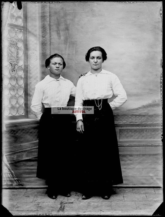 Plaque verre photo ancienne négatif noir et blanc 9x12 cm femmes glass plate 