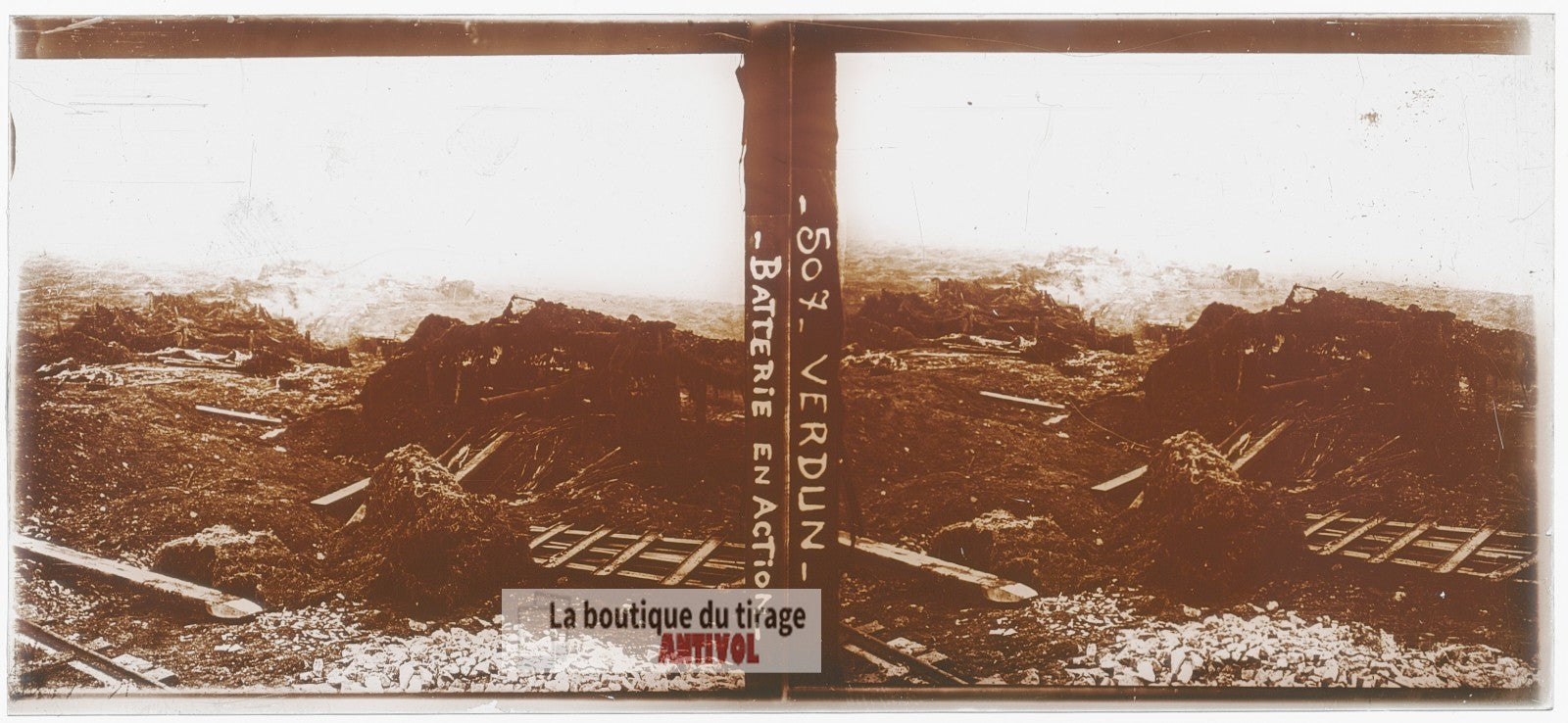 Verdun, batterie, guerre WW1, plaque verre photo ancienne stéréo 6x13 cm