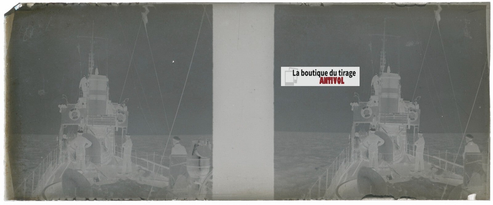 Bateau, marins, Plaque verre stéréoscopie, négatif noir & blanc 4,5x10,7 cm
