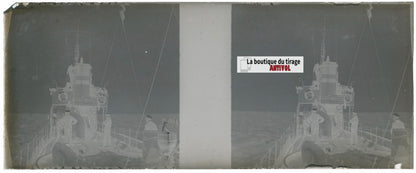 Bateau, marins, Plaque verre stéréoscopie, négatif noir & blanc 4,5x10,7 cm