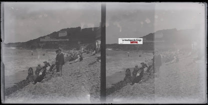 Perros-Guirec plage, Bretagne, stéréoscopie, photo plaque verre, négatif 9x18 cm