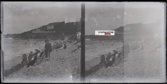 Perros-Guirec plage, Bretagne, stéréoscopie, photo plaque verre, négatif 9x18 cm