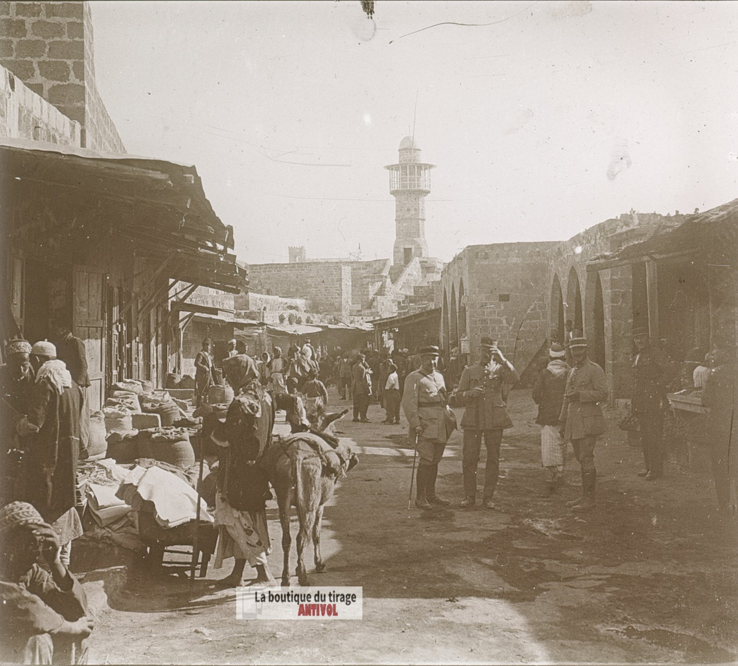Souk de Lattaquié, Syrie, plaque de verre, photo ancienne stéréo 6x13 cm