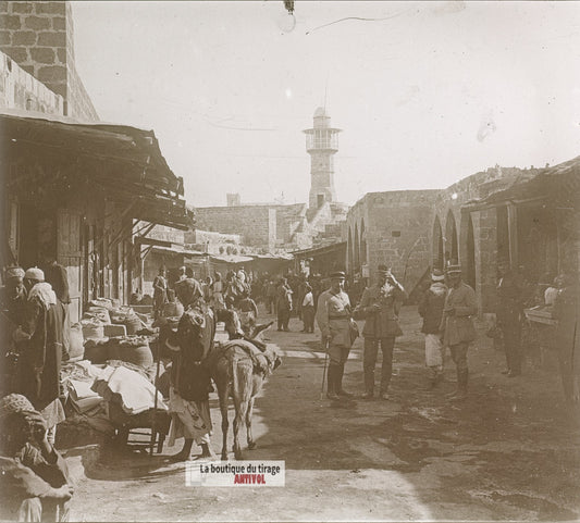 Souk de Lattaquié, Syrie, plaque de verre, photo ancienne stéréo 6x13 cm