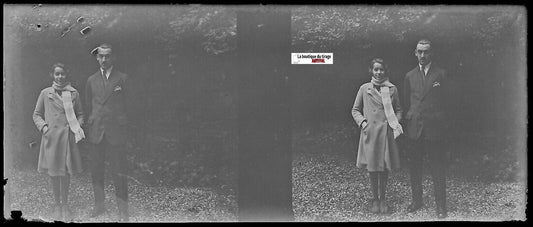 Famille, Plaque verre photo stéréoscopique, négatif noir & blanc 4,5x10,7 cm