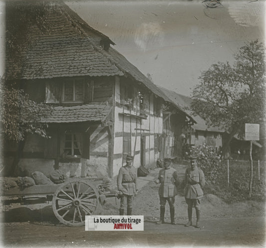 Maison à colombages, guerre WW1, plaque verre photo ancienne stéréo 6x13 cm