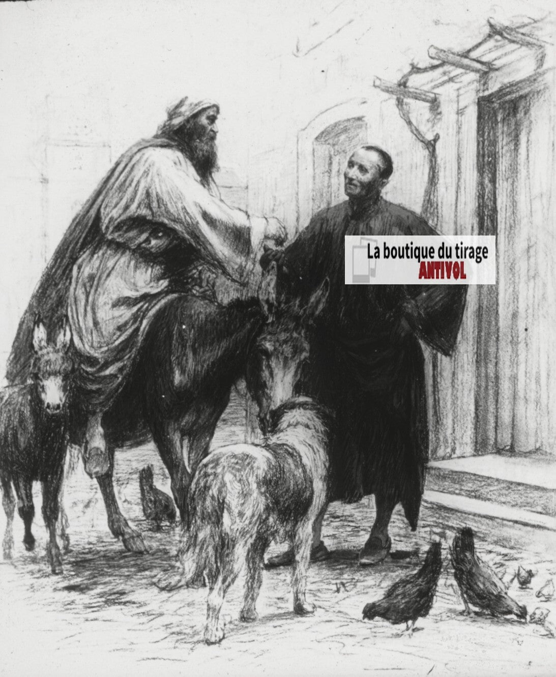 Luc, scène religieuse, dessin peinture plaque de verre, positif 8,5x10 cm