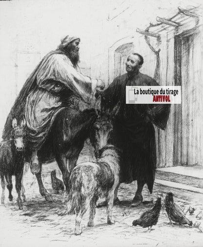 Luc, scène religieuse, dessin peinture plaque de verre, positif 8,5x10 cm