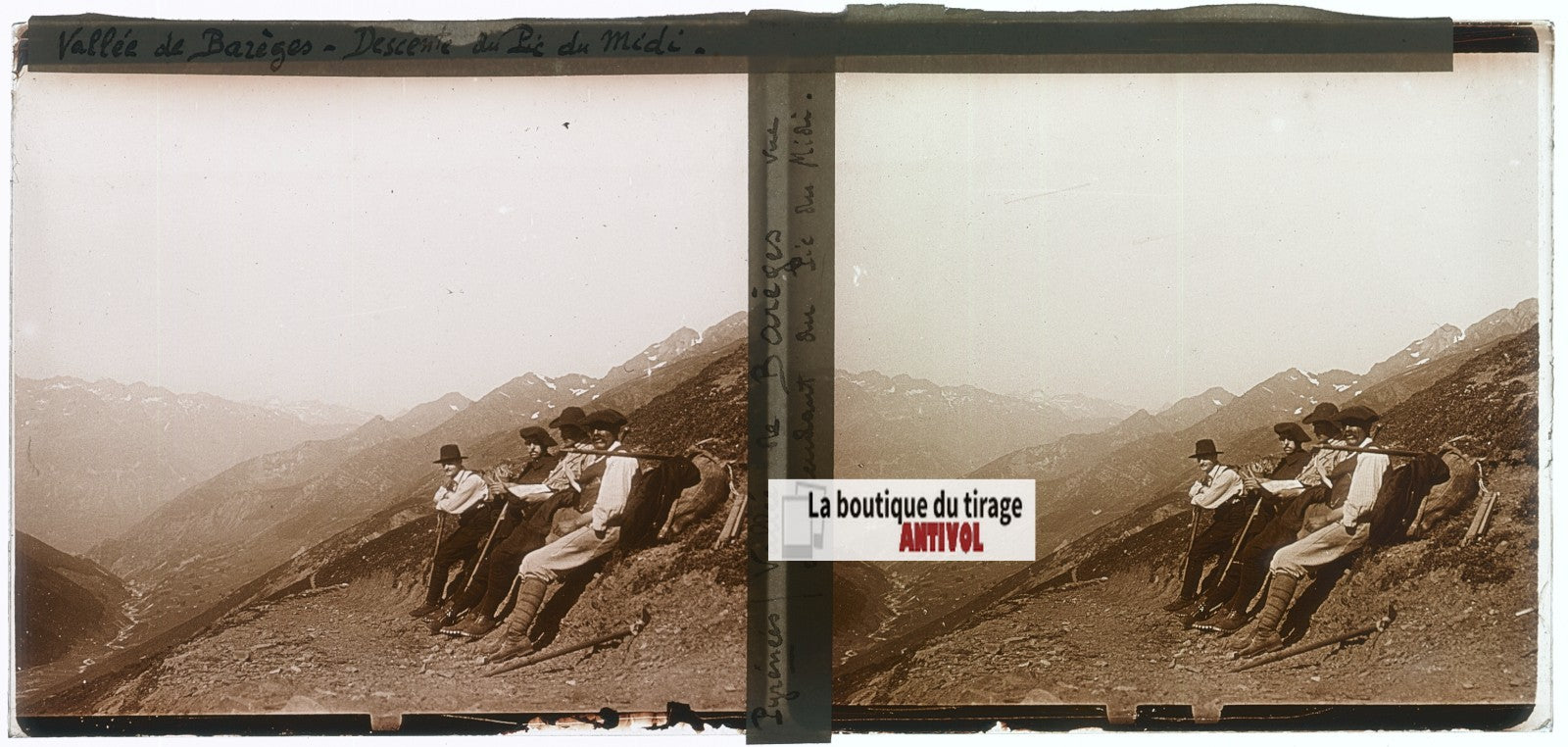 Vallée Barèges, Pic du Midi, plaque verre photo stéréo, sépia 6x13 cm
