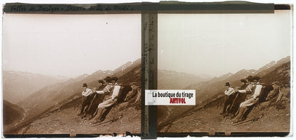 Vallée Barèges, Pic du Midi, plaque verre photo stéréo, sépia 6x13 cm