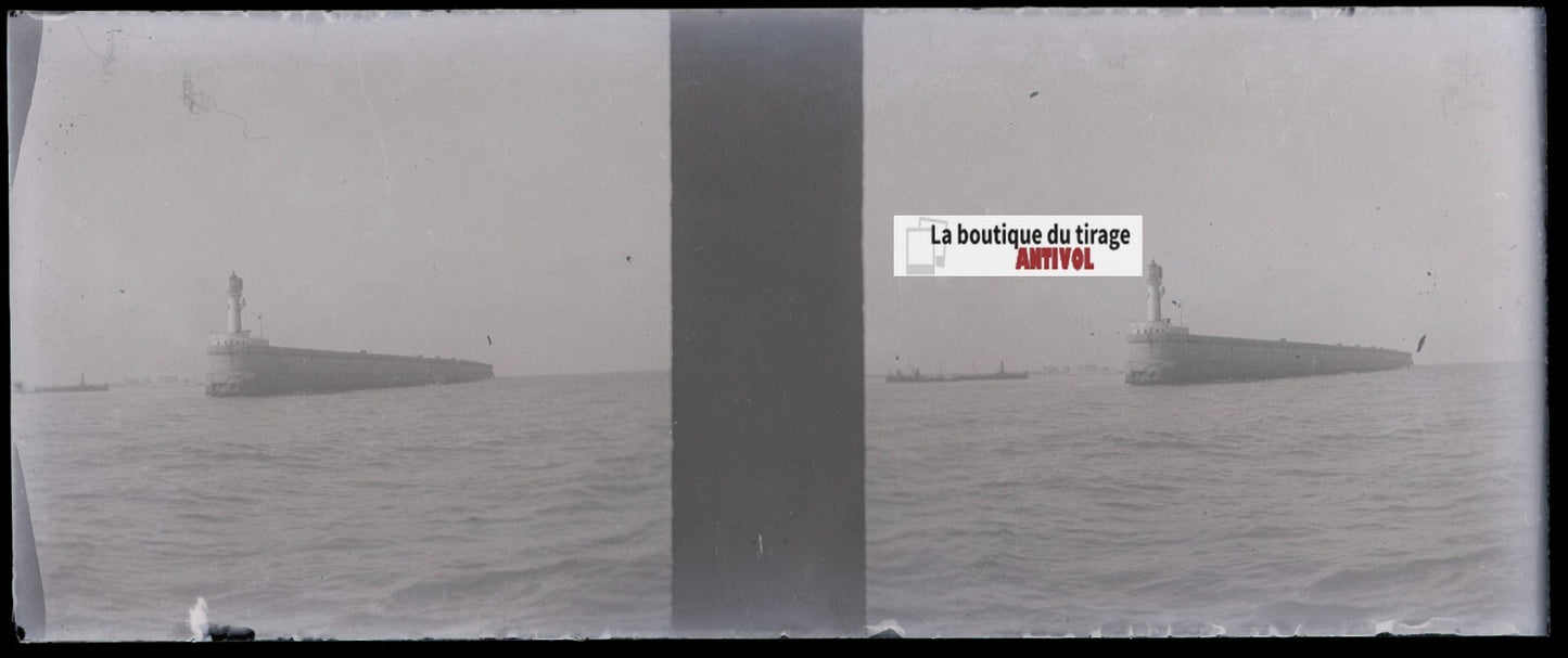 Phare, mer, Plaque verre stéréoscopie, négatif noir & blanc 4,5x10,7 cm