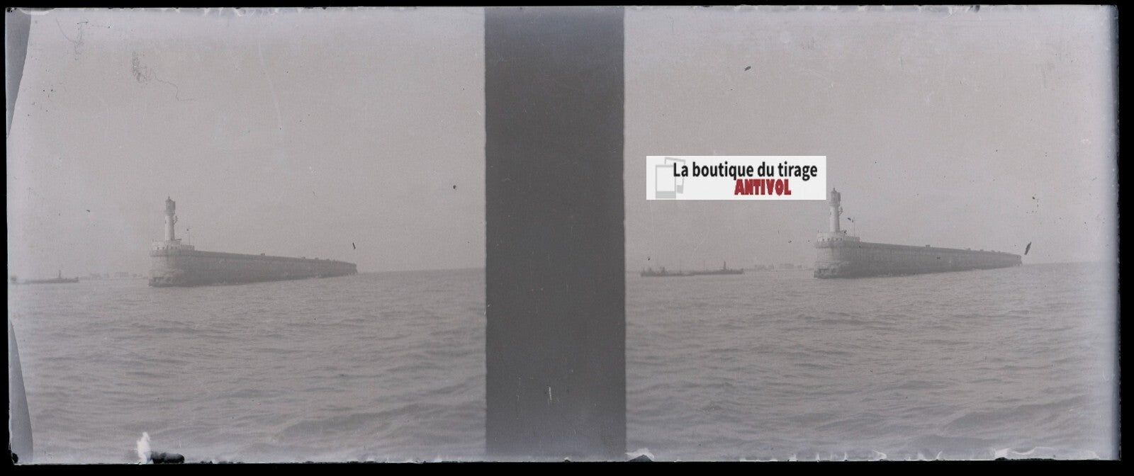 Phare, mer, Plaque verre stéréoscopie, négatif noir & blanc 4,5x10,7 cm