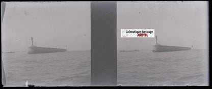 Phare, mer, Plaque verre stéréoscopie, négatif noir & blanc 4,5x10,7 cm