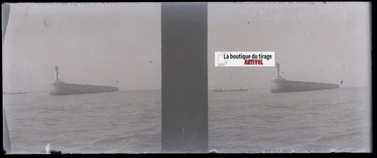 Phare, mer, Plaque verre stéréoscopie, négatif noir & blanc 4,5x10,7 cm