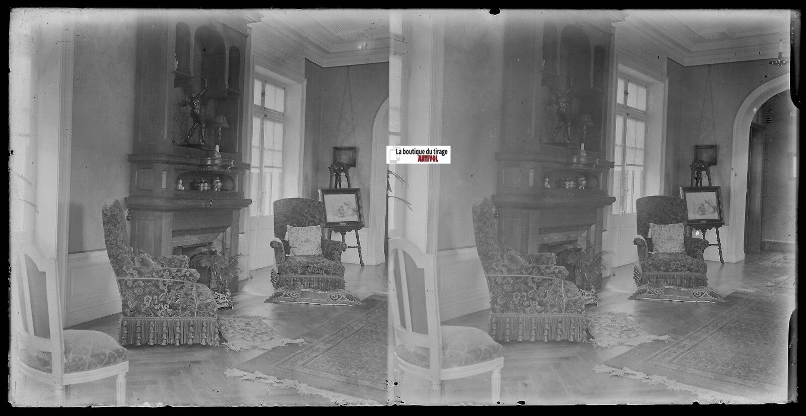 Salon, maison, Plaque verre photo, stéréoscopique négatif noir & blanc 9x18 cm