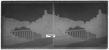 Rivière, village, Plaque verre photo stéréo, négatif noir & blanc 6x13 cm