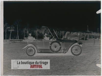 Voiture, avion biplan, militaire, plaque verre, photo ancienne, négatif 9x12 cm
