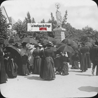 Vierge Couronnée, Lourdes, photo plaque verre, noir et blanc, positif 8,5x10 cm