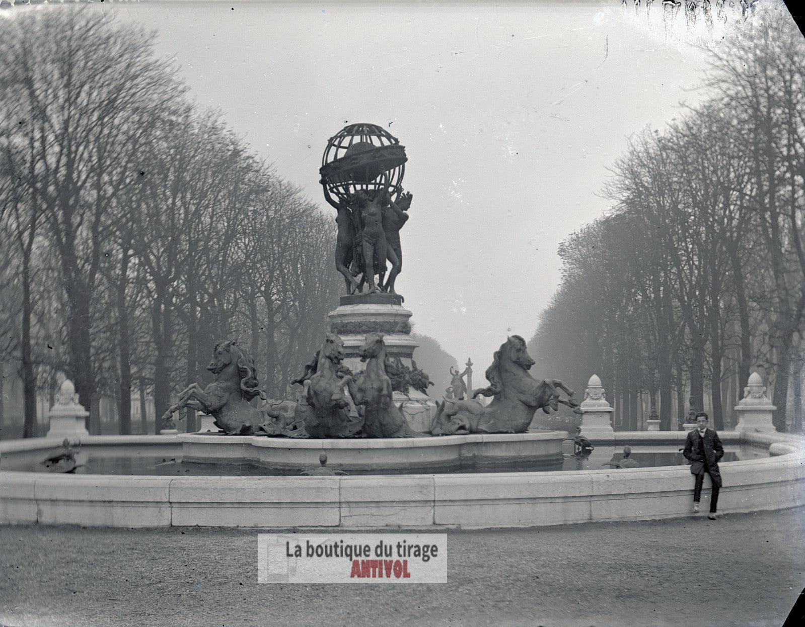 Fontaine de l’Observatoire, Paris, plaque verre, photo ancienne, négatif 9x12 cm