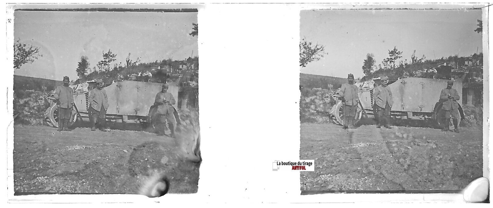 Bataille Somme, Plaque verre stéréo, positif ancien noir & blanc 4,5x10,7 cm