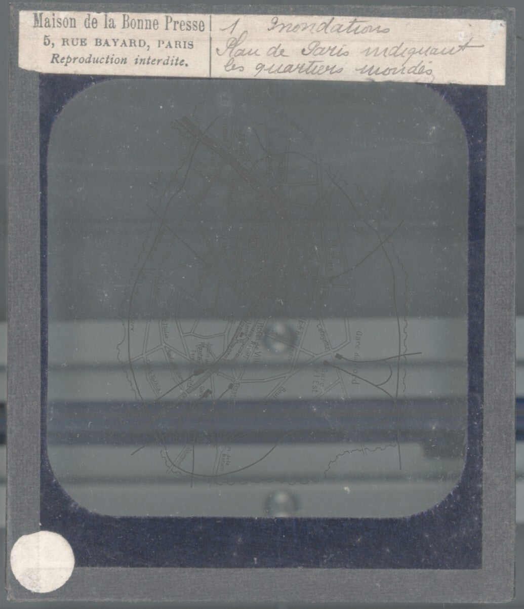Plan quartiers inondés, inondations Paris, photo plaque verre, positif 8,5x10 cm