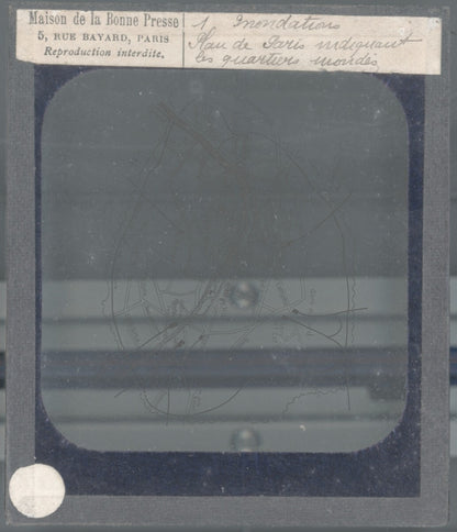 Plan quartiers inondés, inondations Paris, photo plaque verre, positif 8,5x10 cm