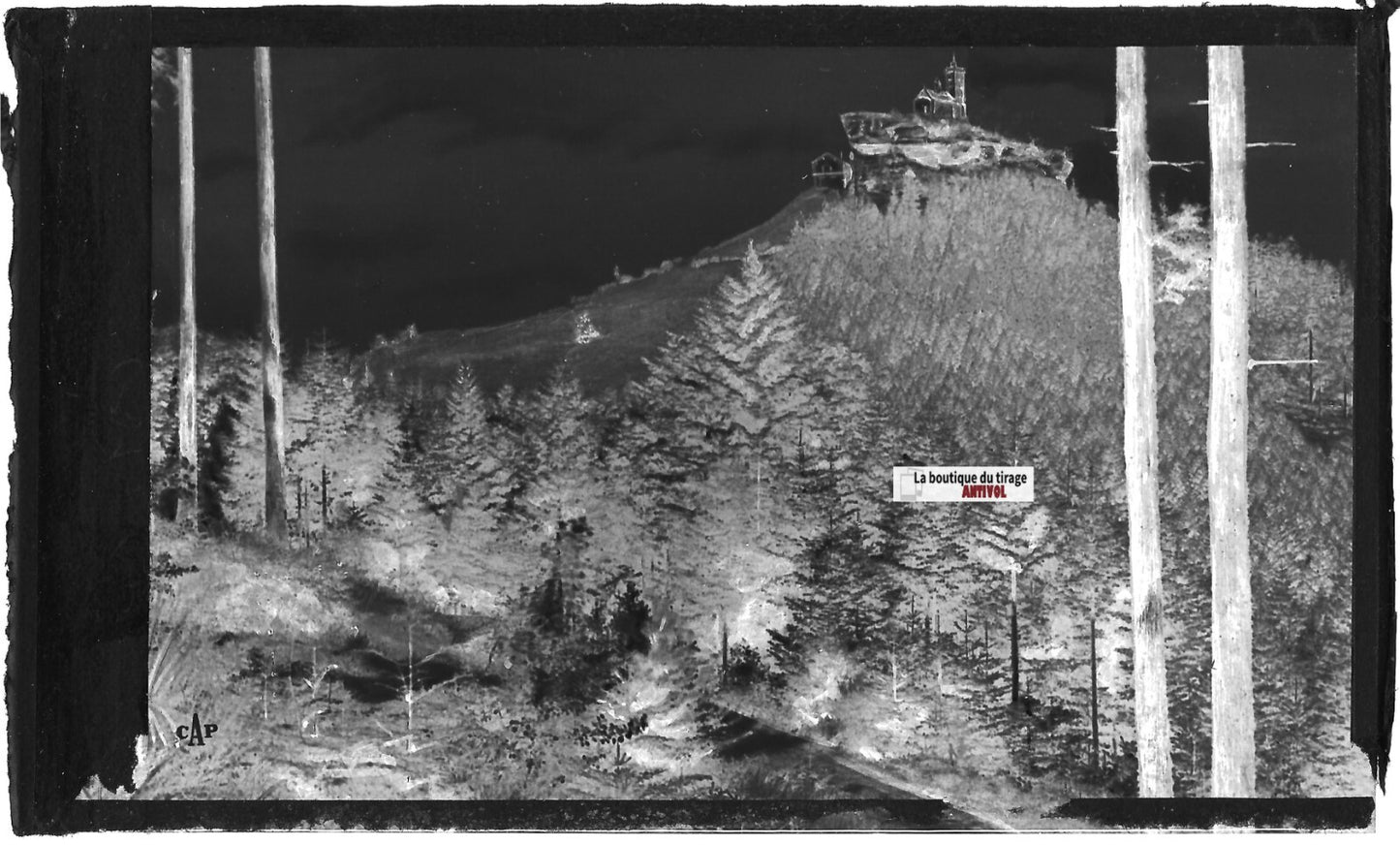 Plaque verre photo, négatif noir & blanc 9x14 cm, Dabo, Chapelle, hôtel, dessin