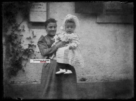 Plaque verre photo ancienne négatif noir et blanc 9x12 cm maman fille France