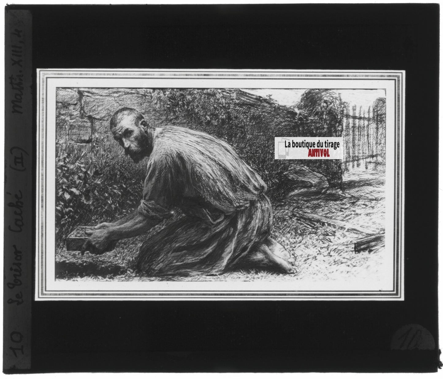 Matthieu, scène religieuse, dessin peinture plaque de verre, positif 8,5x10 cm