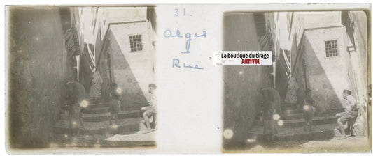 Alger, Algérie, enfants, Plaque verre stéréo, positif noir & blanc 4,5x10,7 cm