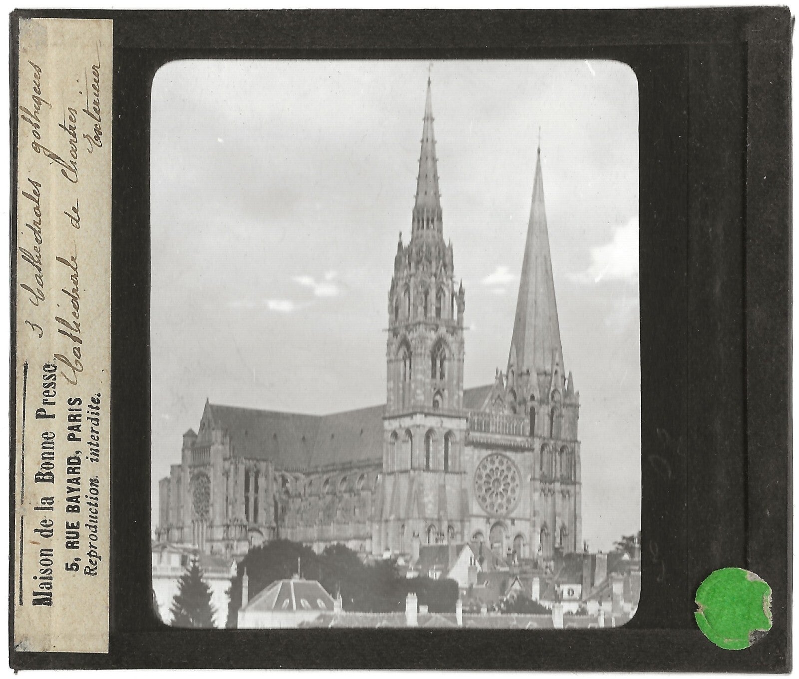 Cathédrale de Chartres, France, photo ancienne plaque verre, positif 8,5x10 cm