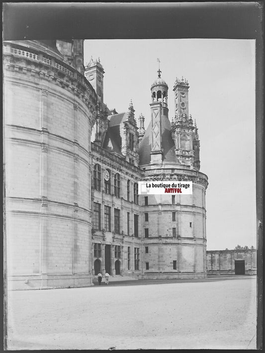 Château de Chambord, Plaque verre photo ancienne, négatif noir & blanc 9x12 cm