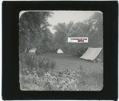Campement, tente, nature, photo ancienne plaque de verre, positif 8,5x10 cm