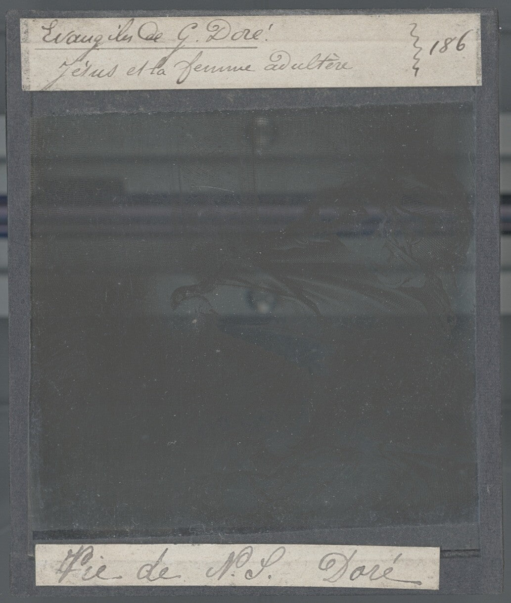 Jésus, femme adultère, Bible de Doré, dessin, plaque verre, positif 8,5x10 cm