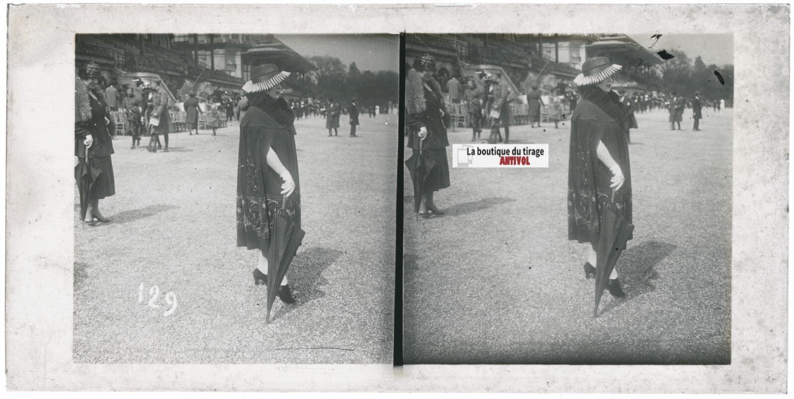 Scène de vie, Longchamp, Paris, plaque verre stéréoscopique, positif 8,5x17 cm