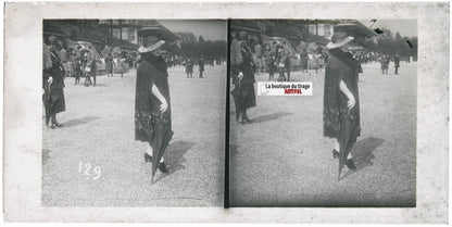 Scène de vie, Longchamp, Paris, plaque verre stéréoscopique, positif 8,5x17 cm