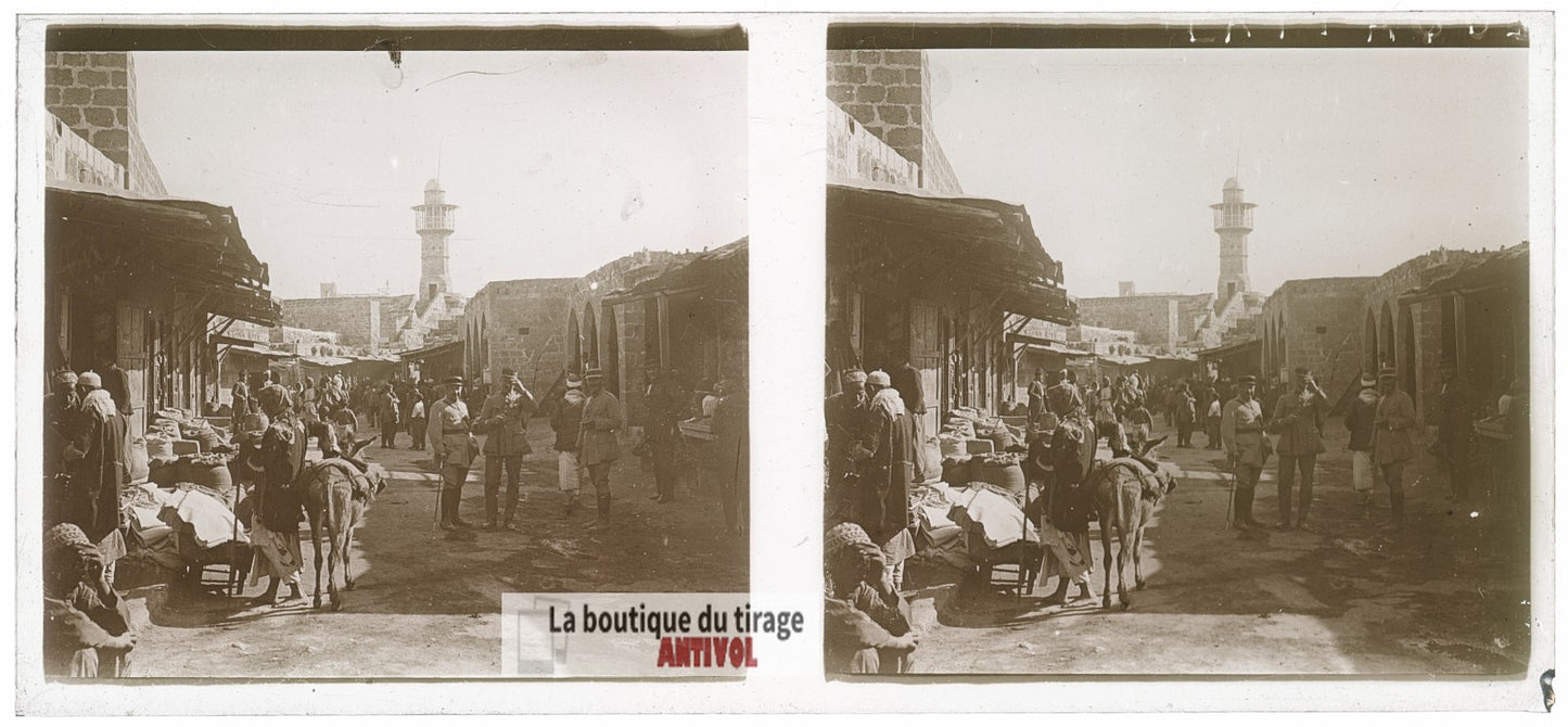 Souk de Lattaquié, Syrie, plaque de verre, photo ancienne stéréo 6x13 cm
