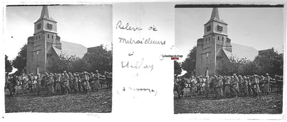 Ételfay, soldats, Plaque verre stéréo, positif ancien noir & blanc 4,5x10,7 cm