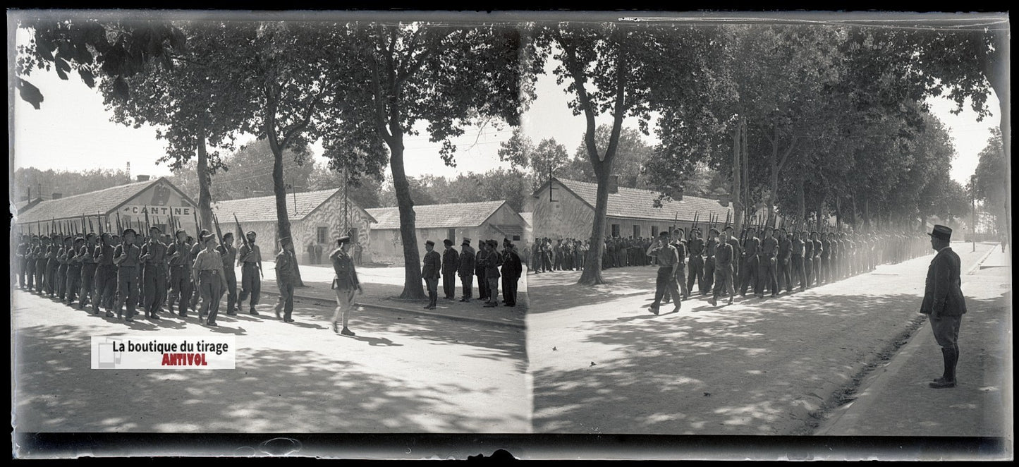 Camp du Ruchard, militaires, plaque verre, photo ancienne, négatif N&B 6x13 cm